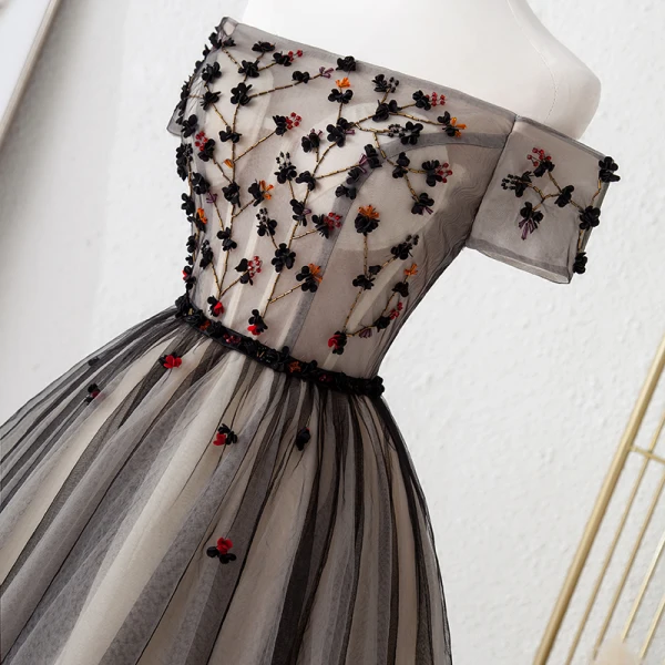 Charming Black Party Dresses 2019 A-Line / Princess Off-The-Shoulder Beading Crystal Appliques Bow Short Sleeve Backless Short Formal Dresses