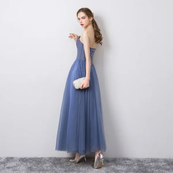 Chic / Beautiful Ocean Blue Evening Dresses  2019 A-Line / Princess Strapless Sleeveless Sequins Backless Floor-Length / Long Formal Dresses