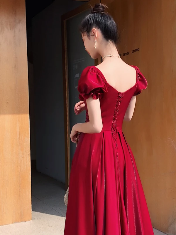 Chic / Beautiful Red Evening Dresses  2021 A-Line / Princess Square Neckline Short Sleeve Backless Floor-Length / Long Evening Party Formal Dresses