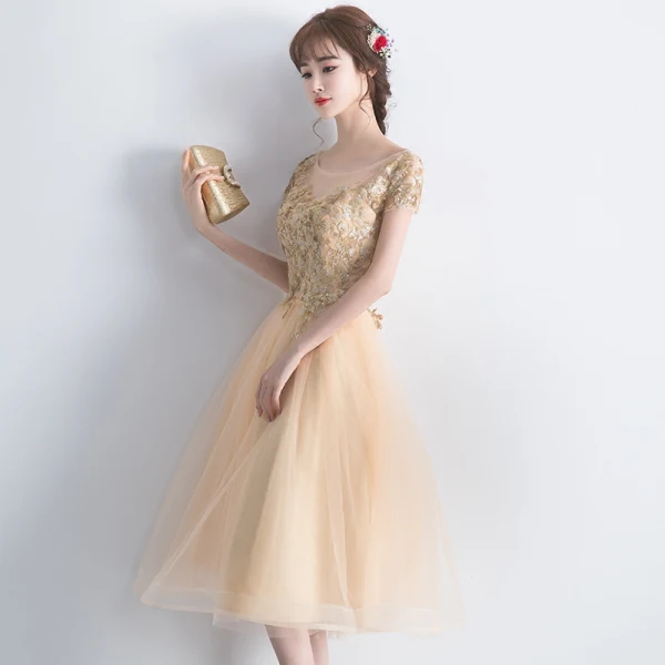 Chic / Beautiful Champagne Homecoming Graduation Dresses 2018 A-Line / Princess Sequins Lace Flower Scoop Neck Short Sleeve Knee-Length Formal Dresses