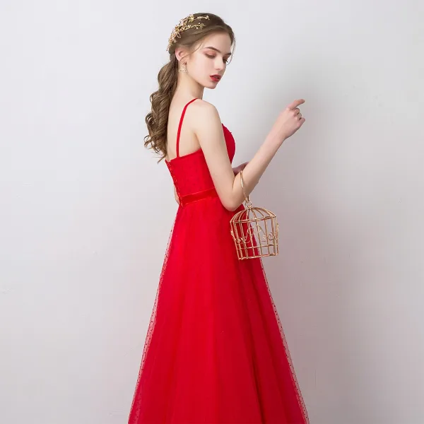 Simple Couleur Unie Rouge Robe De Soirée 2019 Princesse Bretelles Spaghetti Noeud Sans Manches Dos Nu Longueur Cheville Robe De Ceremonie