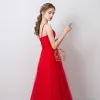 Enkla Enfärgad Röd Aftonklänningar 2019 Prinsessa Spaghettiband Rosett Ärmlös Halterneck Ankellång Formella Klänningar
