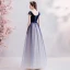 Élégant Bleu Marine Robe De Soirée 2019 Princesse Encolure Dégagée Daim Noeud Cristal Faux Diamant Manches Courtes Dos Nu Longue Robe De Ceremonie