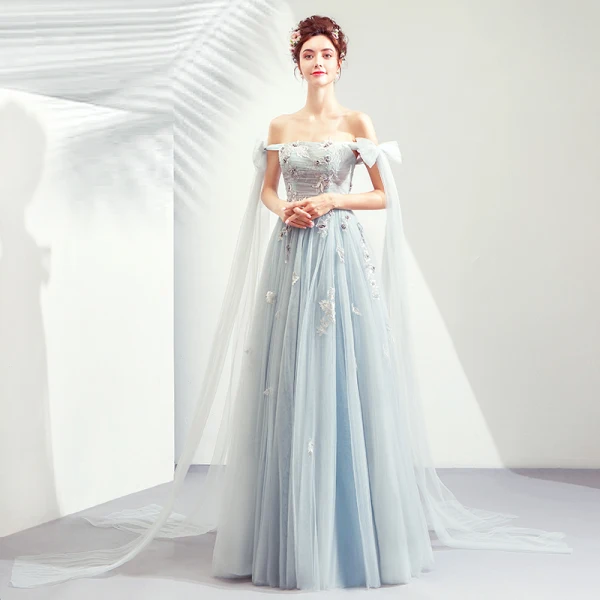 Elegant Sky Blue Prom Dresses 2019 A-Line / Princess Off-The-Shoulder Lace Flower Pearl Bow Sleeveless Backless Floor-Length / Long Formal Dresses