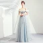 Elegant Sky Blue Prom Dresses 2019 A-Line / Princess Off-The-Shoulder Lace Flower Pearl Bow Sleeveless Backless Floor-Length / Long Formal Dresses