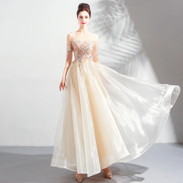 Elegant Champagne Prom Dresses 2019 A-Line / Princess Scoop Neck Embroidered 3/4 Sleeve Backless Floor-Length / Long Formal Dresses