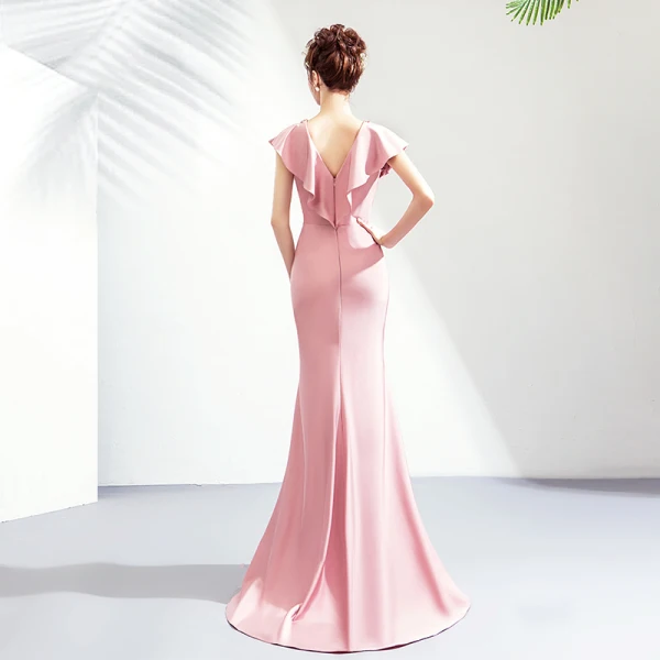 Chic / Beautiful Blushing Pink Evening Dresses 2019 Trumpet / Mermaid V-Neck Crystal Rhinestone Short Sleeve Backless Floor-Length / Long Formal Dresses