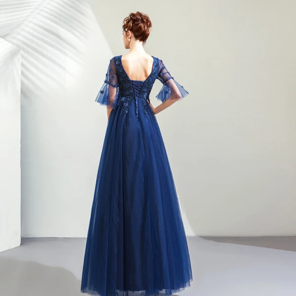 Elegant Navy Blue Prom Dresses 2019 A-Line / Princess V-Neck Beading Crystal Lace Flower Appliques 1/2 Sleeves Backless Floor-Length / Long Formal Dresses