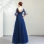 Elegant Navy Blue Prom Dresses 2019 A-Line / Princess V-Neck Beading Crystal Lace Flower Appliques 1/2 Sleeves Backless Floor-Length / Long Formal Dresses