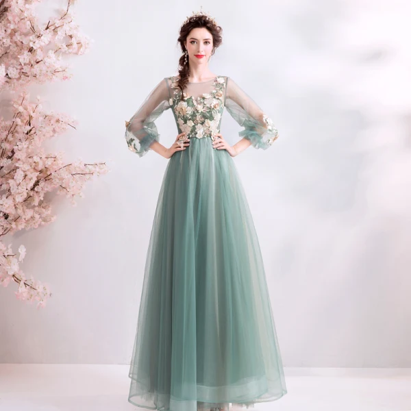 Bloemenfee Jade Groen Galajurken 2019 A lijn Ronde Hals Kant Bloem Appliques Parel Rhinestone 3/4 Mouwen Ruglooze Lange Gelegenheid Jurken