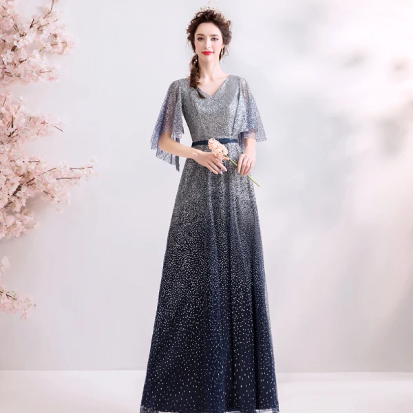 Scintillantes Bleu Marine Dégradé De Couleur Robe De Soirée 2019 Princesse V-Cou Paillettes Noeud 1/2 Manches Dos Nu Longue Robe De Ceremonie