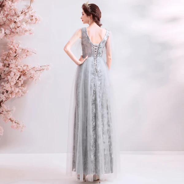 Chic / Belle Gris Robe De Soirée 2019 Princesse V-Cou Perlage Cristal En Dentelle Fleur Sans Manches Dos Nu Longue Robe De Ceremonie