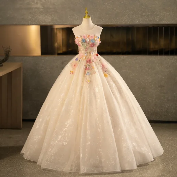 Flower Fairy Champagne Beading Sequins Lace Flower Multi-Colors Appliques Prom Dresses 2025 Ball Gown Scoop Neck Sleeveless Backless Floor-Length / Long Formal Dresses