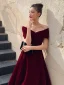 Chic / Beautiful Burgundy Suede Evening Dresses  2021 A-Line / Princess Off-The-Shoulder Short Sleeve Backless Ankle Length Evening Party Formal Dresses