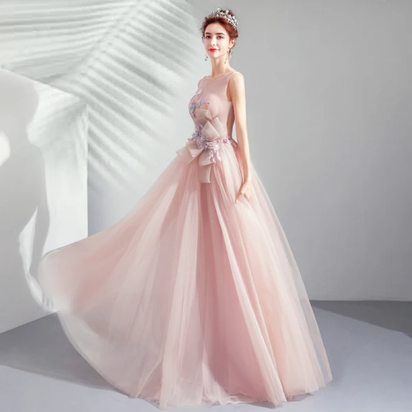 Élégant Perle Rose Robe De Soirée 2019 Princesse Encolure Dégagée Appliques En Dentelle Fleur Noeud Perlage Perle Faux Diamant Sans Manches Dos Nu Longue Robe De Ceremonie