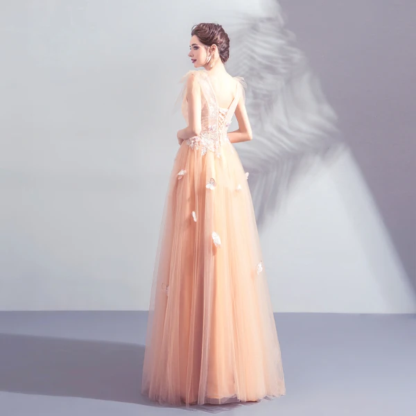 Élégant Champagne Robe De Bal 2019 Princesse V-Cou Appliques En Dentelle Fleur Perlage Paillettes Sans Manches Dos Nu Longue Robe De Ceremonie