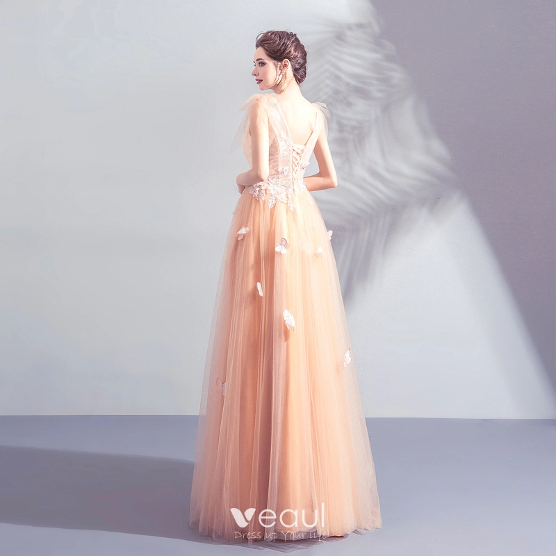 a-line v-neck champagne tulle prom dress with beading appliques A Line V Neck Long Sleeves Champagne Prom Dress With Appliques PSK149 Custom Size / Champagne main image 1