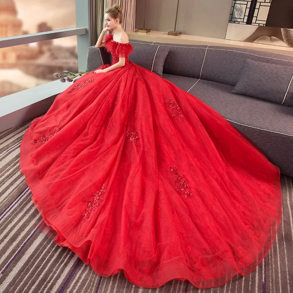 Charmant Rot Brautkleider / Hochzeitskleider 2019 Ballkleid Off Shoulder Spitze Pailletten Applikationen Quaste Kurze Ärmel Rückenfreies Kathedrale Schleppe