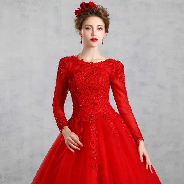 Schöne Muslimisches Rot Brautkleider / Hochzeitskleider 2019 Ballkleid Rundhalsausschnitt Spitze Blumen Strass Pailletten Lange Ärmel Rückenfreies Lange
