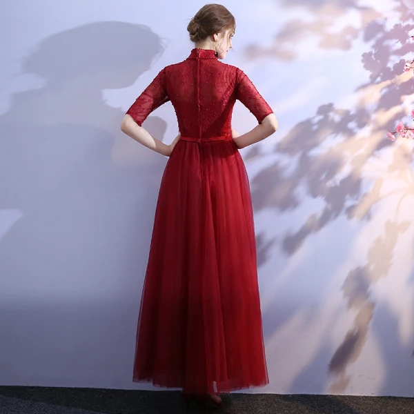 Chinese style Burgundy Evening Dresses  2019 A-Line / Princess High Neck Lace Beading Crystal Bow Sash 1/2 Sleeves Floor-Length / Long Formal Dresses