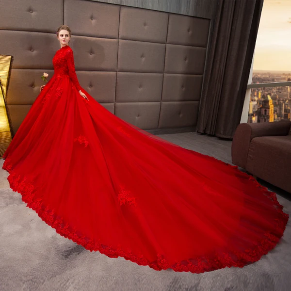 Chinese style Muslim Red Wedding Dresses 2019 A-Line / Princess High Neck Beading Appliques Lace Flower Long Sleeve Royal Train