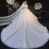 Luxury / Gorgeous Ivory Wedding Dresses 2021 Ball Gown V-Neck Beading Rhinestone Sequins Short Sleeve Backless Royal Train Wedding