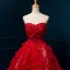 Chinese style Red Wedding Dresses 2019 A-Line / Princess Strapless Appliques Lace Flower Beading Pearl Sleeveless Backless Floor-Length / Long