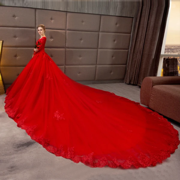 Chinesischer Stil Muslimisches Rot Brautkleider / Hochzeitskleider 2019 A Linie V-Ausschnitt Spitze Blumen Kristall Pailletten Lange Ärmel Königliche Schleppe