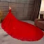 Chinesischer Stil Muslimisches Rot Brautkleider / Hochzeitskleider 2019 A Linie V-Ausschnitt Spitze Blumen Kristall Pailletten Lange Ärmel Königliche Schleppe