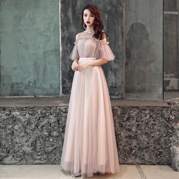 Elegant Pearl Pink Evening Dresses 2019 A-Line / Princess Scoop Neck Ruffle Sash Short Sleeve Backless Floor-Length / Long Formal Dresses