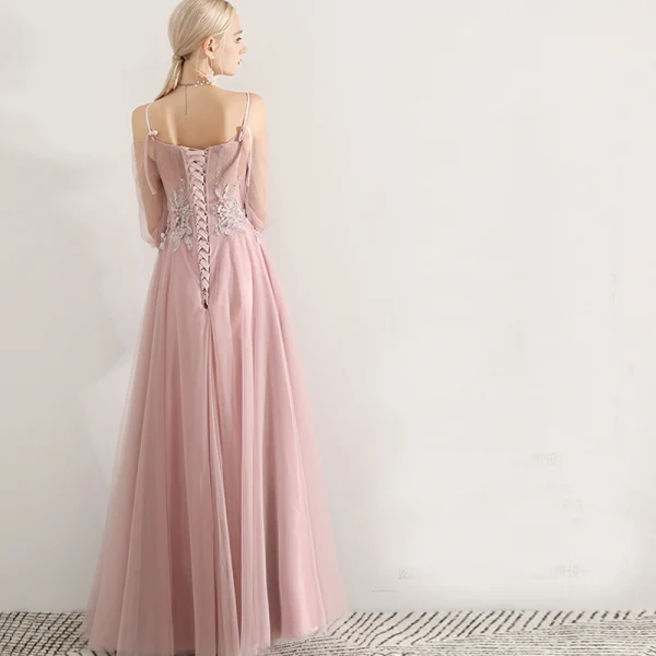 Elegant Blushing Pink Prom Dresses 2019 A-Line / Princess Spaghetti Straps Appliques Lace Flower Beading 3/4 Sleeve Backless Floor-Length / Long Formal Dresses