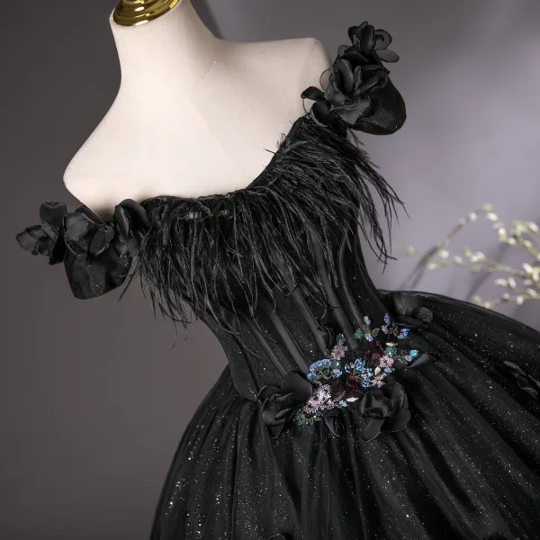 Amazing / Unique Black Beading Appliques Sequins Glitter Prom Dresses 2025 Ball Gown Off-The-Shoulder Feather Short Sleeve Backless Floor-Length / Long Prom Formal Dresses
