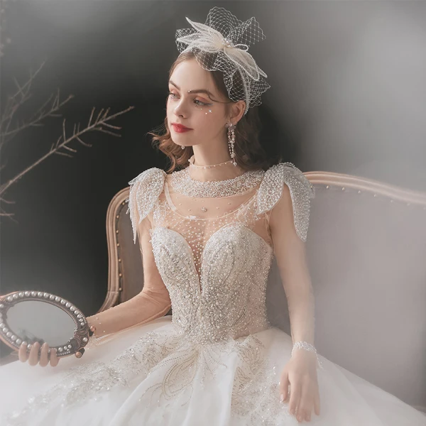 Charming Fabulous Ivory Wedding Dresses 2021 Ball Gown Scoop Neck Beading Rhinestone Lace Flower Long Sleeve Royal Train Wedding