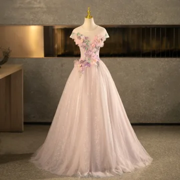 Schöne Rosa Pailletten Applikationen Ballkleider 2025 Ballkleid Rundhalsausschnitt Kurze Ärmel Rückenfreies Lange Festliche Kleider