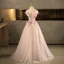 Chic / Beautiful Blushing Pink Sequins Appliques Prom Dresses 2025 Ball Gown Scoop Neck Short Sleeve Backless Floor-Length / Long Formal Dresses