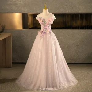 Schöne Rosa Pailletten Applikationen Ballkleider 2025 Ballkleid Rundhalsausschnitt Kurze Ärmel Rückenfreies Lange Festliche Kleider