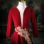 Vintage / Retro Red Beading Lace Flower Velvet Prom Dresses 2025 A-Line / Princess V-Neck Long Sleeve Backless Floor-Length / Long Prom Formal Dresses
