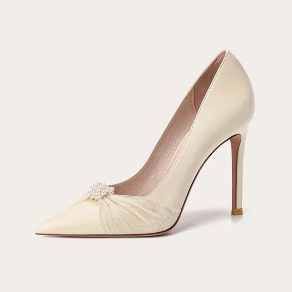 Elegant Beige Evening Party Pearl Pumps 2021 Leather 10 cm Stiletto Heels Pointed Toe Pumps High Heels