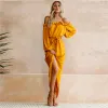 Hermoso Amarillo Casual Verano Vestidos largos 2018 Cinturón Asimétrico Delante De Split Fuera Del Hombro Manga Larga Ropa de mujer