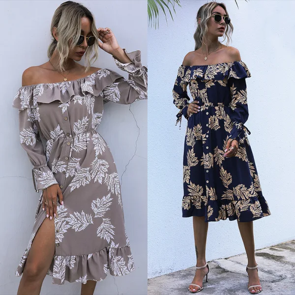 Mode Sommer Strassenmode Drucken Marineblau Damen Kleider 2021 Off Shoulder Verdeckter Knopf 3/4 Ärmel Rückenfreies Wadenlang