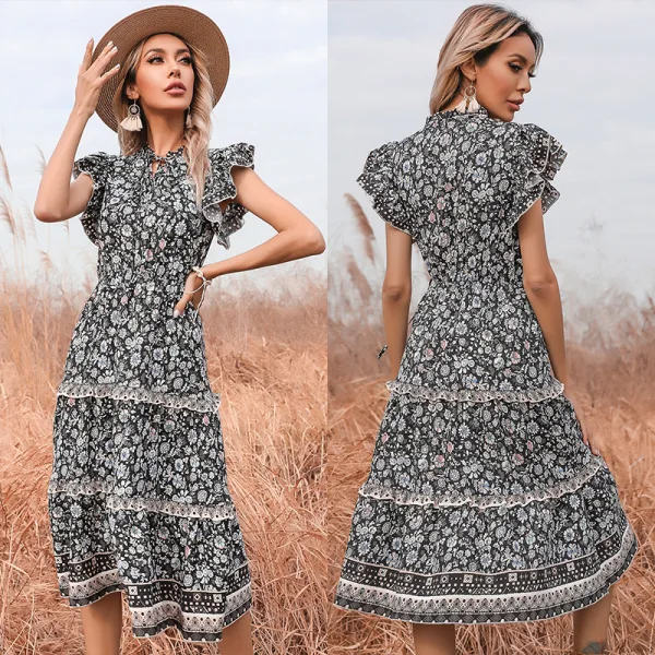 Mode Noire Été Vêtement de rue Vêtements de vacances Floral Femme Robes 2021 Encolure Dégagée Manches Longues Thé Longueur