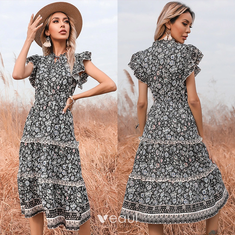 Mode Zwarte Zomer Straatkleding Resort slijtage Bloemen Dames Jurken 2021 Ronde Hals Lange Mouwen Tea length