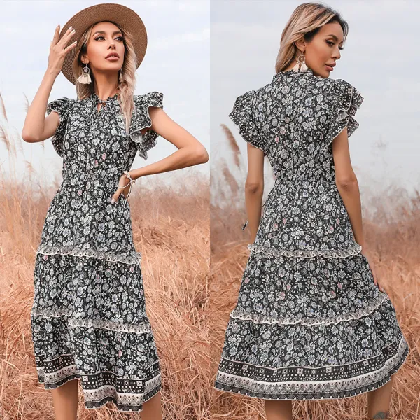 Mode Zwarte Zomer Straatkleding Resort slijtage Bloemen Dames Jurken 2021 Ronde Hals Lange Mouwen Tea length