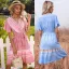 Summer Street Wear Resort Wear Beach Sky Blue Printing Women Dresses 2021 V-Neck Short Sleeve Sash