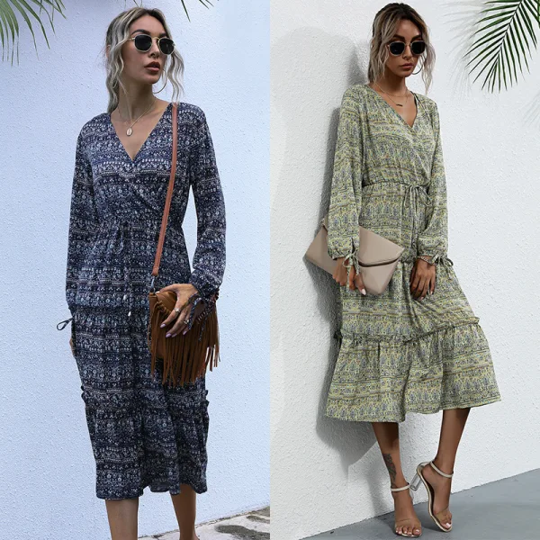 Été Bleu Marine Vêtement de rue Impression Femme Robes 2021 V-Cou Manches Longues