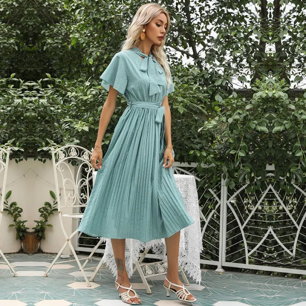 Fashion Summer Street Wear Mint Green Bow Women Dresses 2021 V-Neck Sash Short Sleeve Tea-length