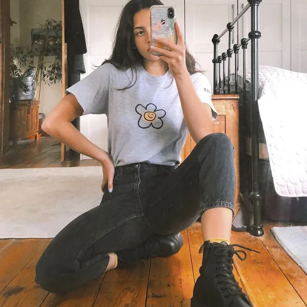 Fashion Summer Casual Grey Printing Flower T-Shirts 2021 Cotton Scoop Neck Short Sleeve Loose Women's Tops T-shirt