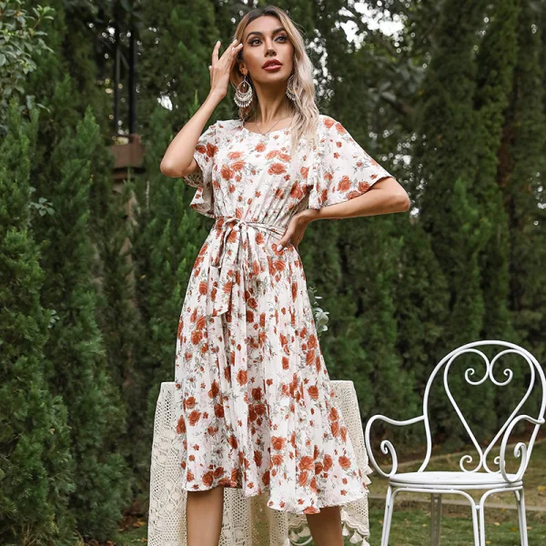 Summer Street Wear Floral Pool Blue Women Dresses 2021 Scoop Neck Short Sleeve Sash Tea-length