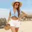 Sexy Summer Sky Blue Floral Beach Women's Tops 2021 Chiffon V-Neck Short Sleeve