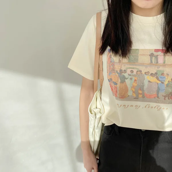 Casual Summer Cartoon Printing Grey Loose T-Shirts 2021 Cotton Scoop Neck Short Sleeve Women's Tops